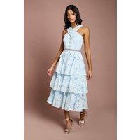 Coast Women's Petite Tiered Lace Cross Halter Neck Button Detail Midi Dress in Light Blue | Size: 6