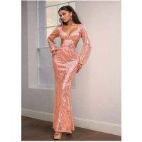 Divine Grace Women's Rose Gold Sequin Cut Out Maxi Dress | Size: Small
