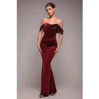 Goddiva Women's Glitter Velvet Cowl Neck Pleated Waist Maxi Dress in Wine | Size: 12