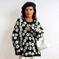 PEACH ACCESSORIES Women's Black & White Chunky Floral Knit Cardigan