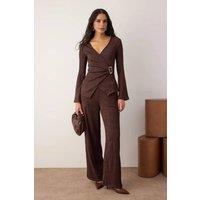 WOVCOR Women's Knit Wrap Top & Wide Leg Trousers Co-Ord Set with Buckle Detail in Brown | Size: Large