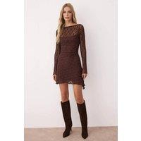 WOVCOR Women's Long Sleeve Asymmetrical Lace Mini Knit Dress with Back Detail in Brown | Size: Medium