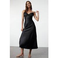 WOVCOR Women's Lace Trim V-Neck Satin Strappy Midi Nightdress in Black | Size: 8