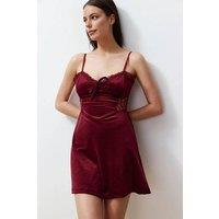 WOVCOR Women's Lace Trim Tie Front Velvet Strappy Mini Nightdress in Burgundy | Size: Large