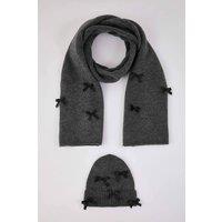 WOVCOR Women's Ribbon Bow Detail Knit Scarf & Beanie Set in Dark Grey
