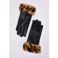 WOVCOR Women's Leopard Faux Fur Cuff Faux Leather Winter Gloves in Black