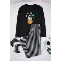 WOVCOR Men's 2 Piece Cotton Pajama Set with Astronaut Print & Stripe Detail in Black | Size: Medium