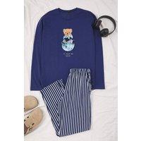WOVCOR Men's 2 Piece Cotton Pajama Set with Astronaut Print & Stripe Detail in Indigo | Size: Large