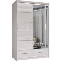 MN Furniture High Gloss Sliding Mirrored Wardrobe with LED Light - 150x220cm in White | Size: 150x220 cm