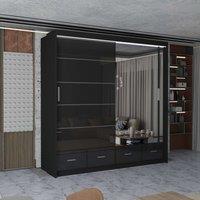 MN Furniture High Gloss Sliding Mirrored Wardrobe with LED Light - 203x220cm in Black | Size: 203x220 cm