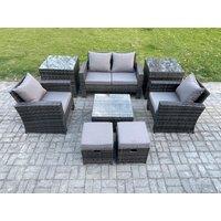 Fimous Rattan Wicker Garden Furniture Patio Conservatory Sofa Set with Square Coffee Table Armchair 2 Small Footstools in Dark Grey
