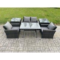 Fimous Outdoor Garden Furniture High Back Rattan Sofa Dining Table Set with 2 Side Tables Dark Grey Mixed