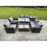 Fimous Rattan Garden Furniture Set 8 Seater Patio Outdoor Lounge Sofa Set with Rectangular Dining Table Love Seat Sofa Side Table in Dark Grey