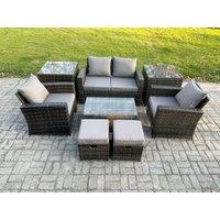Fimous 6 Seater Dark Grey Outdoor Rattan Garden Furniture Set Patio Lounge Sofa Rectangular Coffee Table with 2 Side Table