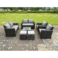 Fimous 8 Seater High Back Rattan Sofa Set Square Coffee Table Garden Furniture 2 Seater Sofa Chairs Outdoor Stools in Dark Grey