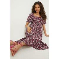 Dorothy Perkins Women's Petite Pink Ditsy Square Neck Tiered Jersey Midi Dress | Size: 10