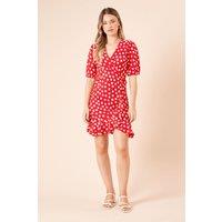 Dorothy Perkins Women's Spot Puff Sleeve Jersey Mini Wrap Dress in Red | Size: 10