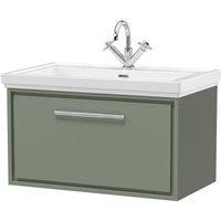 Balterley Bathroom Wall Hung Single Drawer Vanity, Fireclay Basin, Green, 800mm in Green