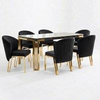 HOME LUXE INTERIOR Sorrento 180cm White Marble Gold Leg Table & 6 Fabio Black Chairs