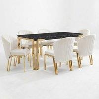 HOME LUXE INTERIOR Sorrento 180cm Black Marble Gold Leg Table & 6 Fabio Beige Chairs