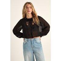 NastyGal Women's Cutwork Sheer Pintuck Blouse in Black | Size: 14