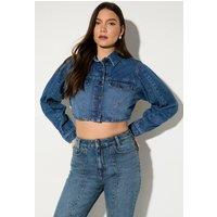 MissPap Women's Seam Detail Cropped Denim Jacket in Vintage Blue | Size: 12