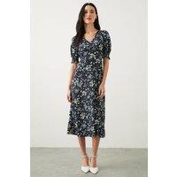 Dorothy Perkins Women's Petite Navy Ditsy Shirred Cuff Jersey Midi Dress in Blue | Size: 6
