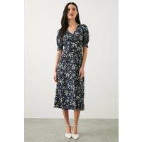 Dorothy Perkins Women's Petite Navy Ditsy Shirred Cuff Jersey Midi Dress in Blue | Size: 16
