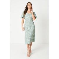 Dorothy Perkins Women's Petite Green Animal Ruched Front Puff Sleeve Jersey Midi Dress | Size: 8