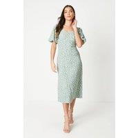Dorothy Perkins Women's Petite Green Animal Ruched Front Puff Sleeve Jersey Midi Dress | Size: 18
