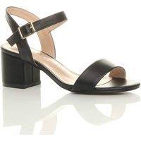 AJVANI Women's Mid Block Heel Ankle Strap Faux Leather Heeled Sandals in Black | Size: 3