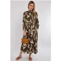 Love Sunshine Women's Khaki Brushstroke Print Pleated Skirt Satin Maxi Dress | Size: Medium