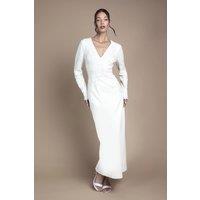 Coast Women's Long Sleeve V Neck Scuba Embellished Pencil Wedding Dress in Ivory | Size: 10