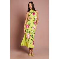 Coast Women's High Neck Midi Dress With Floral Embroidery in Chartreuse | Size: 16