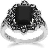 Gemondo Women's Art Deco Style Baguette Black Onyx & Marcasite Ring in 925 Sterling Silver | Size: K