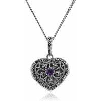 Gemondo Women's Art Nouveau Style Round Amethyst & Marcasite Heart Necklace in 925 Sterling Silver | Size: 18 inches