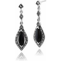 Gemondo Women's Art Deco Style Marquise Black Onyx & Marcasite Halo Drop Earrings in 925 Sterling Silver