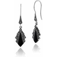 Gemondo Women's Art Deco Style Diamond Black Onyx & Marcasite Drop Earrings in 925 Sterling Silver