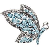 Gemondo Women's Art Nouveau Style Marquise Blue Topaz & Marcasite Flying Butterfly Brooch in 925 Sterling Silver