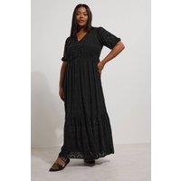 Yours Women's Broderie Anglaise Tiered Maxi Dress in Black | Size: 14
