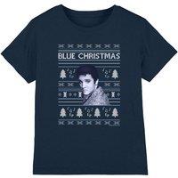 Elvis Presley Elvis Blue Ugly Christmas Fair Isle Kids T-Shirt, Navy | Size: 5-6 Years