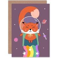 Artery8 Fox Astronaut Cute Kids Children Greetings Card in Purple