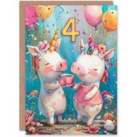 Artery8 Birthday Card Cute Pig Unicorn Piglet Party Balloons 4th 4 Year Old For Child Kids Son Daughter Greeting Card
