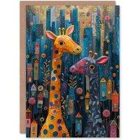 Artery8 Birthday Card Cute Giraffe Houses Colourful City Folk Art For Child Kids Son Daughter Greeting Card in Blue