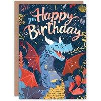 Artery8 Birthday Card Happy Laughing Dragon Design Fun Joy 7th 7 Year Old For Child Kids Son Daughter Greeting Card in Blue