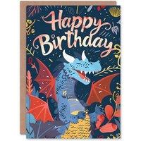 Artery8 Birthday Card Happy Laughing Dragon Design Fun Joy For Child Kids Son Daughter Greeting Card in Blue