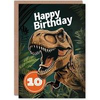 Artery8 Birthday Card Jurassic Dinosaur Roaring T-Rex Jungle 10th 10 Year Old For Child Kids Son Daughter Greeting Card in Green