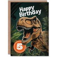 Artery8 Birthday Card Jurassic Dinosaur Roaring T-Rex Jungle 5th 5 Year Old For Child Kids Son Daughter Greeting Card in Green