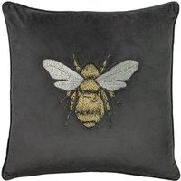 Paoletti Hortus Embroidered Bee Soft Velvet Pipe Trimmed Cushion in Charcoal | Size: 50 cm x 50 cm