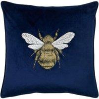 Paoletti Hortus Embroidered Bee Soft Velvet Pipe Trimmed Cushion in Navy | Size: 50 cm x 50 cm